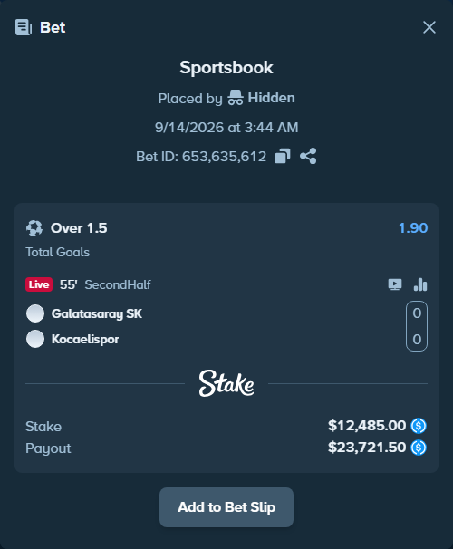 Bet slip: Galatasaray Istanbul - Kocaelispor, $12,485.00 stake at 1.90 odds, placed by Hidden