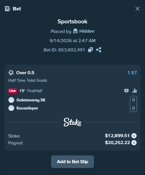 Bet slip: Galatasaray Istanbul - Kocaelispor, $12,913.34 stake at 1.57 odds, placed by Hidden