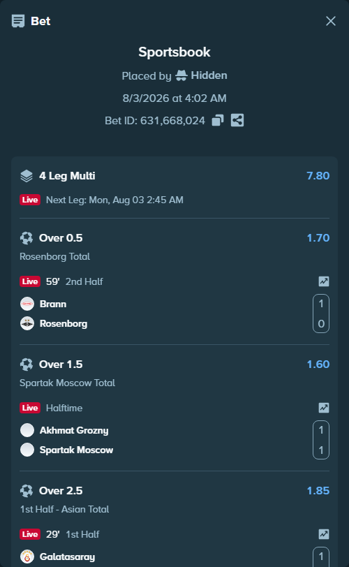 Bet slip: Galatasaray Istanbul - Rennes, $17,155.14 stake at 1.85 odds, placed by Hidden