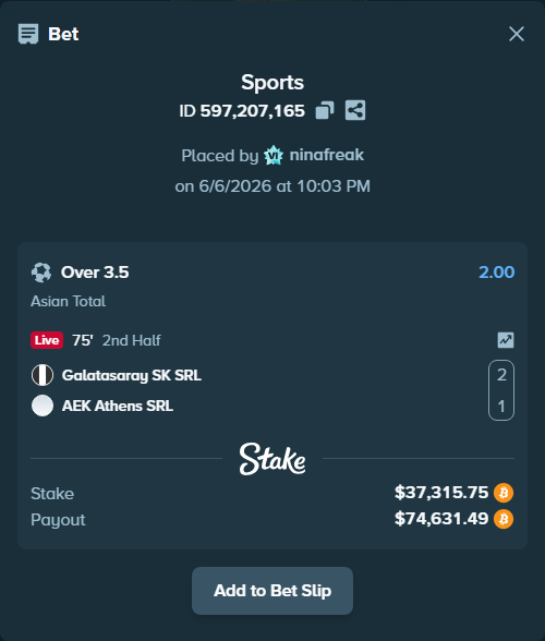 Bet slip: Galatasaray SK SRL - AEK Athens SRL, $39,416.57 stake at 2.00 odds, placed by ninafreak