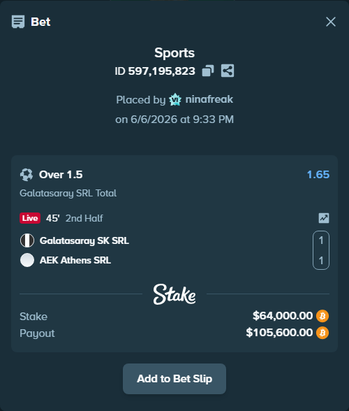 Bet slip: Galatasaray SK SRL - AEK Athens SRL, $67,603.11 stake at 1.65 odds, placed by ninafreak