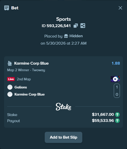 Bet slip: Galions - Karmine Corp Blue, $31,698.67 stake at 1.88 odds, placed by Hidden