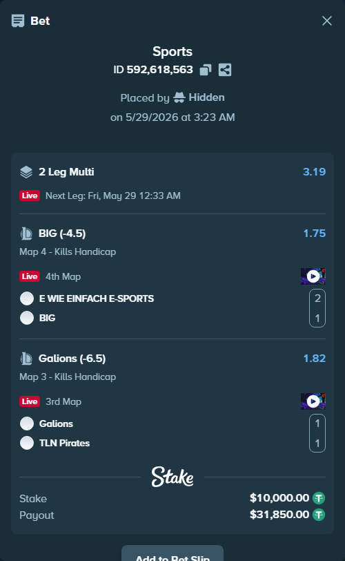 Bet slip: Galions - TLN Pirates, $10,010.00 stake at 1.82 odds, placed by Hidden