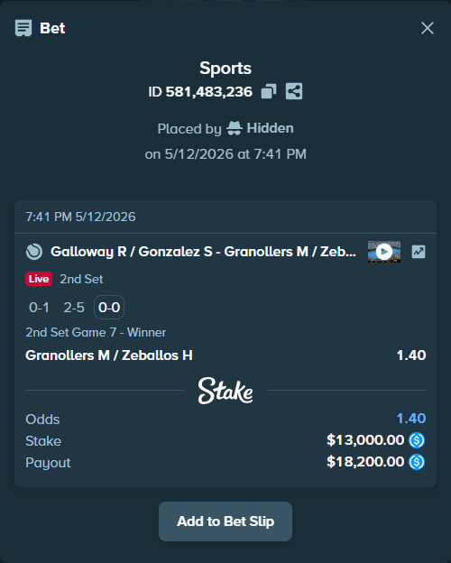 Bet slip: Galloway R / Gonzalez S - Granollers M / Zeballos H, $13,000.00 stake at 1.40 odds, placed by Hidden
