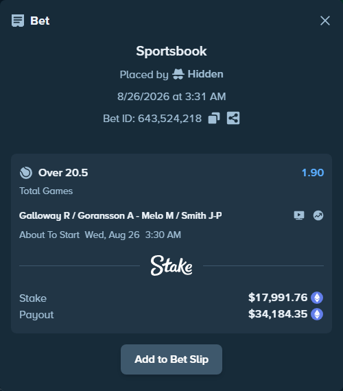 Bet slip: Galloway R / Goransson A - Melo M / Smith J-P, $18,208.85 stake at 1.90 odds, placed by Hidden