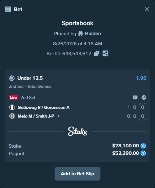 Bet slip: Galloway R / Goransson A - Melo M / Smith J-P, $28,100.00 stake at 1.90 odds, placed by Hidden