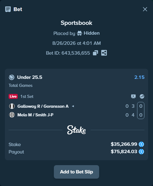 Bet slip: Galloway R / Goransson A - Melo M / Smith J-P, $35,266.99 stake at 2.15 odds, placed by Hidden