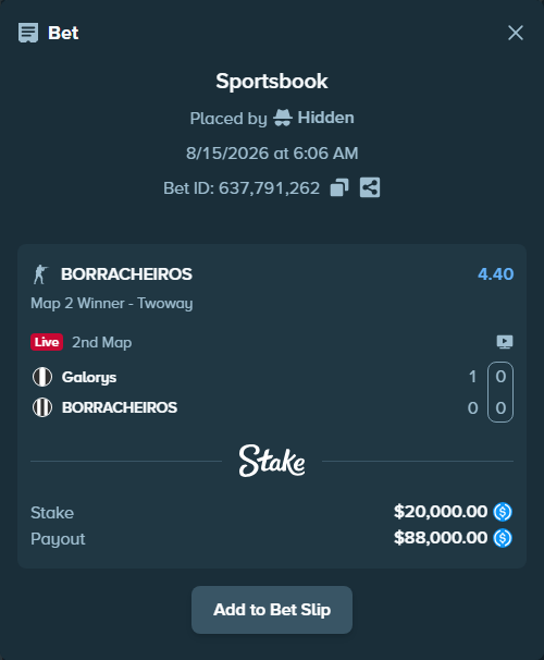 Bet slip: Galorys - BORRACHEIROS, $20,000.00 stake at 4.40 odds, placed by Hidden