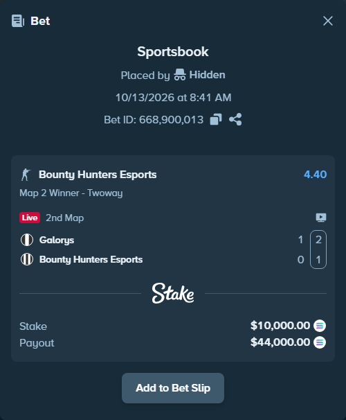Bet slip: Galorys - Bounty Hunters Esports, $9,869.01 stake at 4.40 odds, placed by Hidden