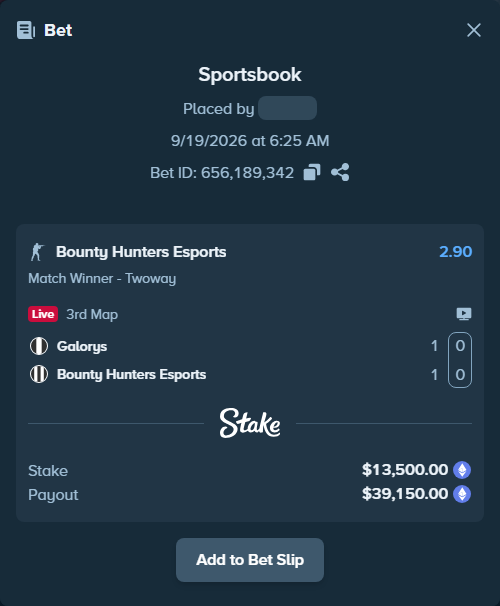 Bet slip: Galorys - Bounty Hunters Esports, $13,475.71 stake at 2.90 odds, placed by Mabruch