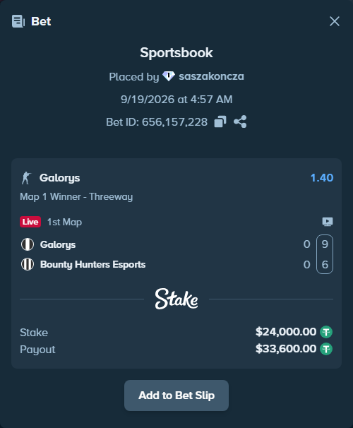 Bet slip: Galorys - Bounty Hunters Esports, $24,000.00 stake at 1.40 odds, placed by saszakoncza