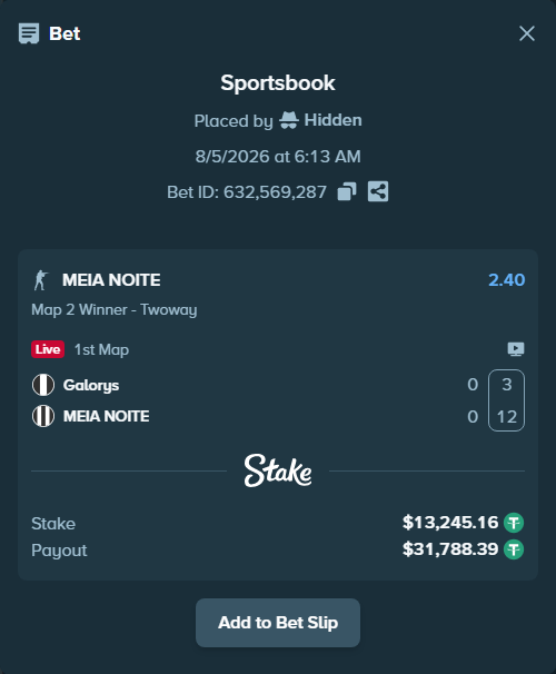 Bet slip: Galorys - MEIA NOITE, $13,258.41 stake at 2.40 odds, placed by Hidden