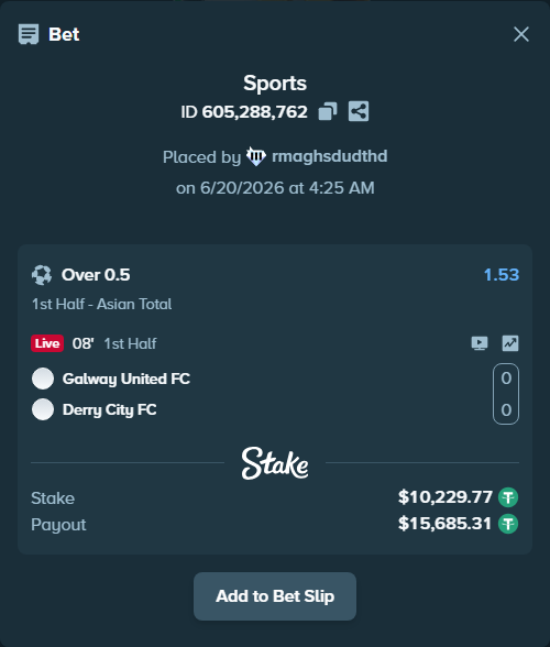 Bet slip: Galway United FC - Derry City FC, $10,240.00 stake at 1.53 odds, placed by rmaghsdudthd
