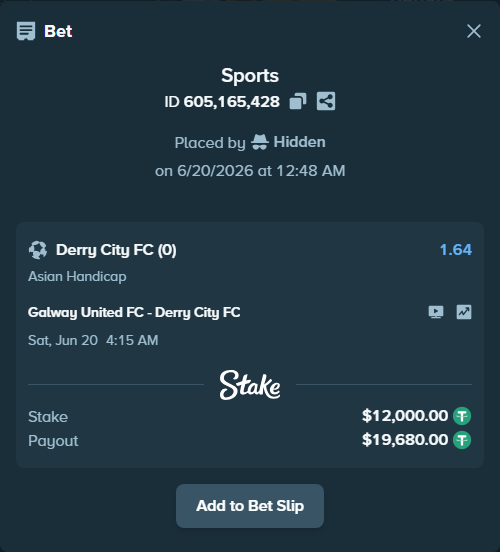 Bet slip: Galway United FC - Derry City FC, $12,012.00 stake at 1.64 odds, placed by Hidden