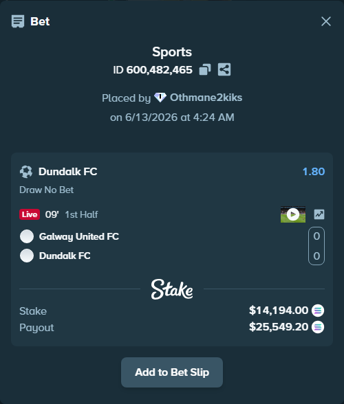 Bet slip: Galway United FC - Dundalk FC, $15,504.69 stake at 1.80 odds, placed by Othmane2kiks