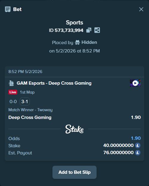 Bet slip: GAM Esports - Deep Cross Gaming, $1,780.00 stake at 1.90 odds, placed by Hidden