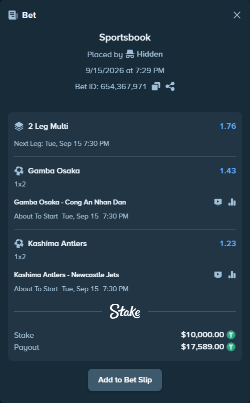 Bet slip: Gamba Osaka - Cong An Ha Noi FC, $10,000.00 stake at 1.43 odds, placed by Hidden