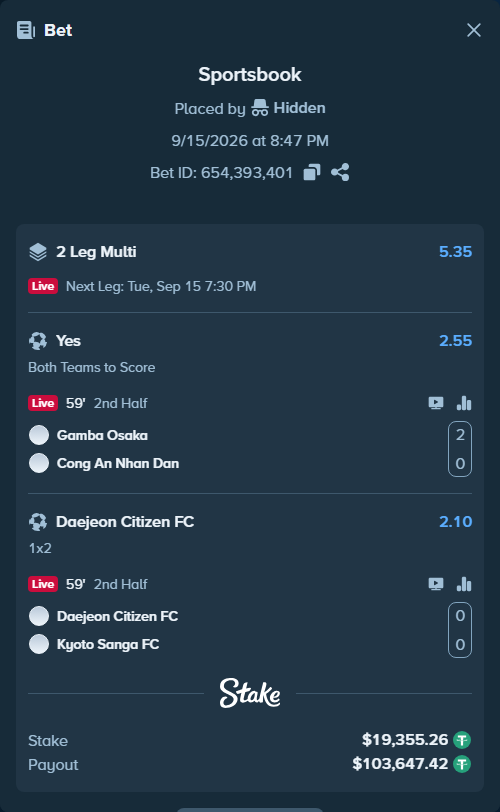 Bet slip: Gamba Osaka - Cong An Ha Noi FC, $19,355.26 stake at 2.55 odds, placed by Hidden