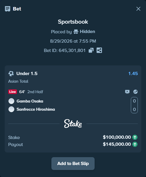 Bet slip: Gamba Osaka - Sanfrecce Hiroshima, $100,000.00 stake at 1.45 odds, placed by Hidden