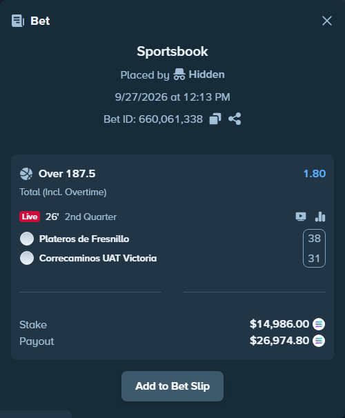 Bet slip: Gambusinos De Fresnillo - Correcaminos UAT Victoria, $15,352.02 stake at 1.80 odds, placed by Hidden