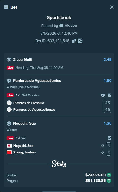 Bet slip: Gambusinos De Fresnillo - Panteras de Aguascalientes, $25,000.00 stake at 1.80 odds, placed by Hidden