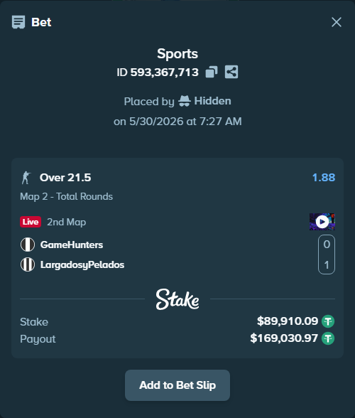 Bet slip: GameHunters - LargadosyPelados, $90,000.00 stake at 1.88 odds, placed by Hidden