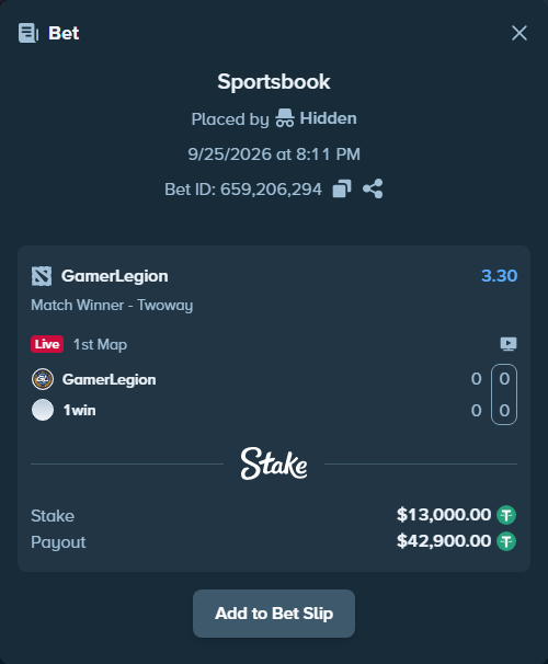 Bet slip: GamerLegion - 1win, $13,000.00 stake at 3.30 odds, placed by mi6a1