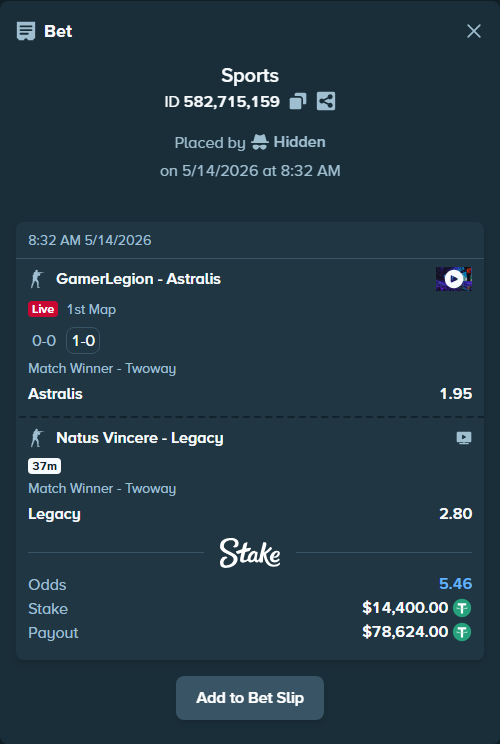Bet slip: GamerLegion - Astralis, $14,400.00 stake at 1.95 odds, placed by Hidden