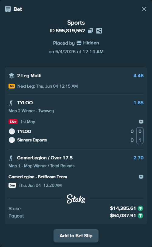 Bet slip: GamerLegion - BetBoom Team, $14,400.00 stake at 2.70 odds, placed by Hidden