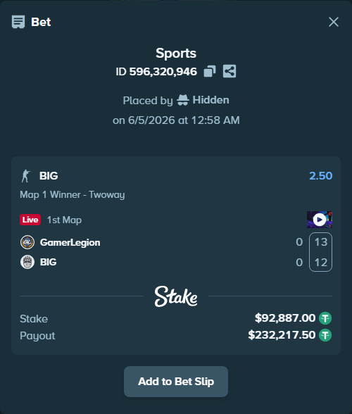 Bet slip: GamerLegion - BIG, $92,979.89 stake at 2.50 odds, placed by Hidden