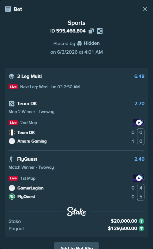 Bet slip: GamerLegion - FlyQuest, $20,020.00 stake at 2.40 odds, placed by Hidden