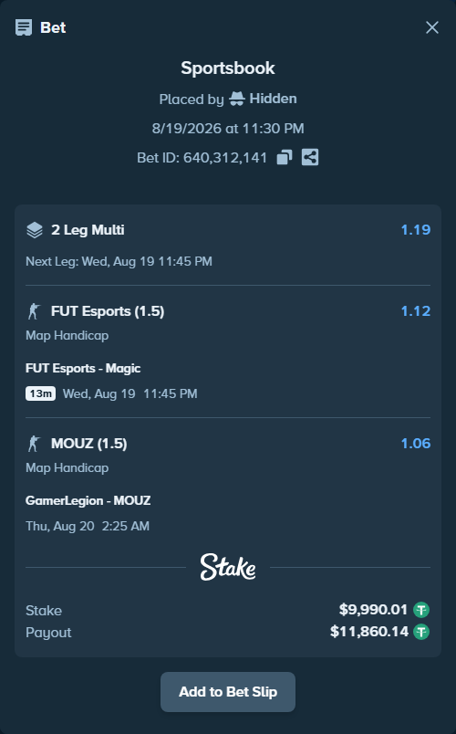 Bet slip: GamerLegion - MOUZ, $10,000.00 stake at 1.06 odds, placed by Hidden