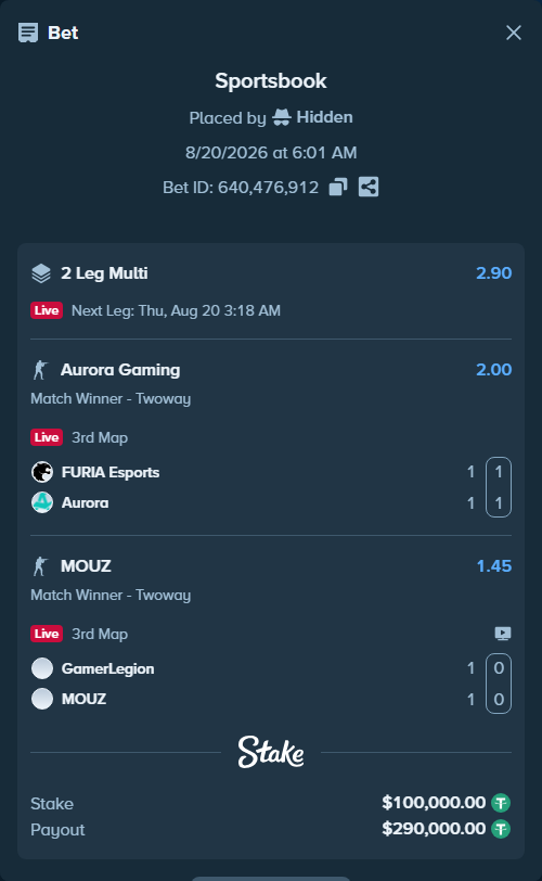Bet slip: GamerLegion - MOUZ, $100,000.00 stake at 1.45 odds, placed by Hidden