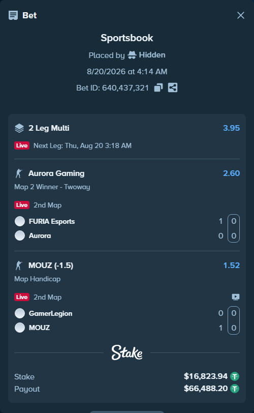 Bet slip: GamerLegion - MOUZ, $16,823.94 stake at 1.52 odds, placed by Hidden