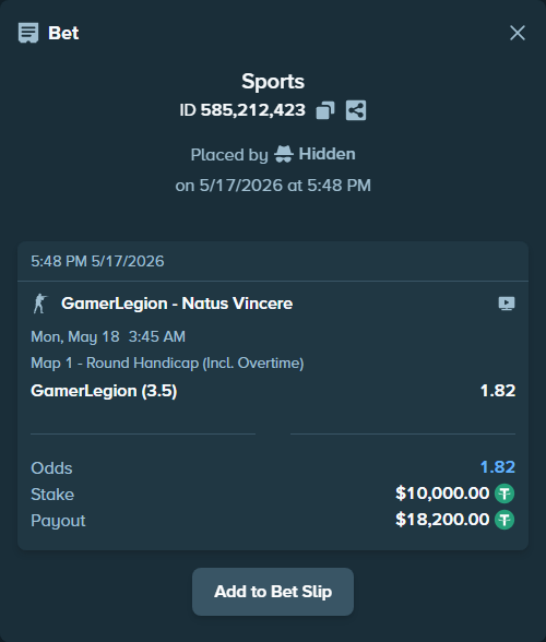 Bet slip: GamerLegion - Natus Vincere, $10,000.00 stake at 1.82 odds, placed by HutP89