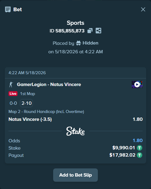Bet slip: GamerLegion - Natus Vincere, $10,000.00 stake at 1.80 odds, placed by Hidden