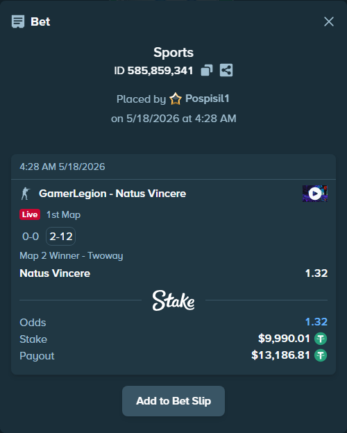 Bet slip: GamerLegion - Natus Vincere, $10,000.00 stake at 1.32 odds, placed by Pospisil1