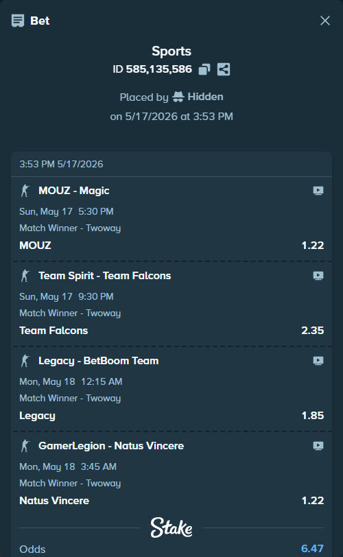 Bet slip: GamerLegion - Natus Vincere, $11,895.33 stake at 1.22 odds, placed by Hidden