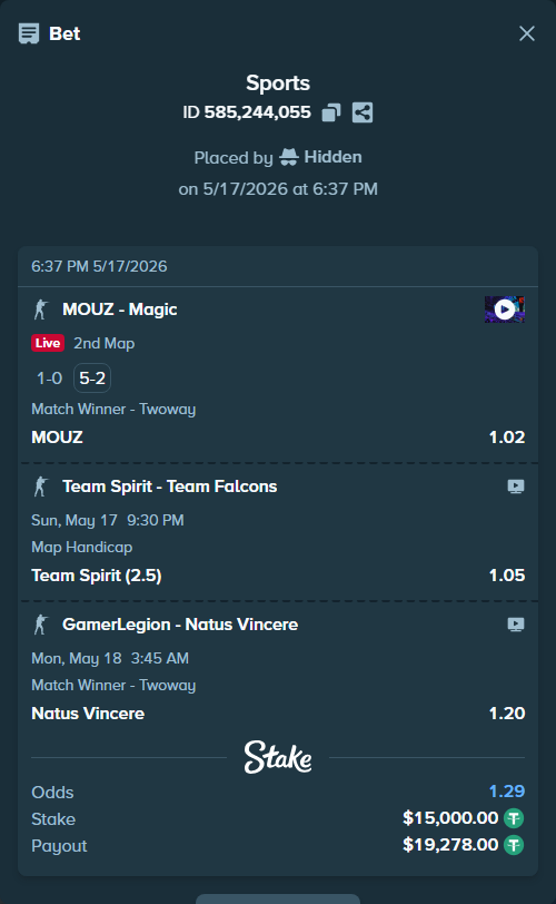 Bet slip: GamerLegion - Natus Vincere, $15,000.00 stake at 1.20 odds, placed by Hidden