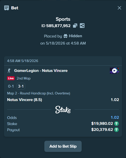 Bet slip: GamerLegion - Natus Vincere, $20,000.00 stake at 1.02 odds, placed by Hidden