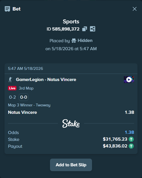 Bet slip: GamerLegion - Natus Vincere, $31,797.00 stake at 1.38 odds, placed by Hidden