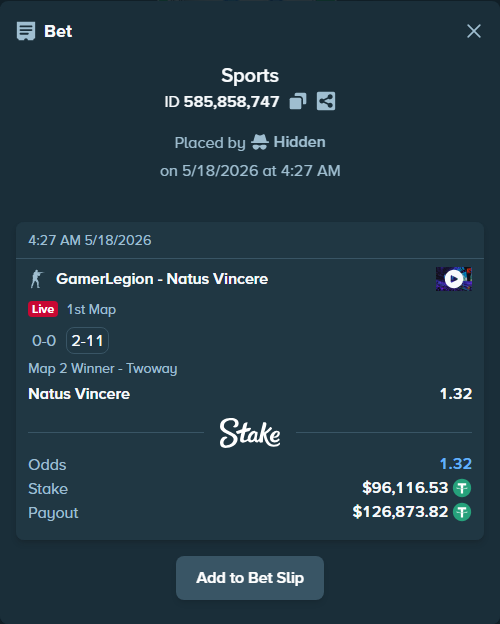 Bet slip: GamerLegion - Natus Vincere, $96,212.65 stake at 1.32 odds, placed by Hidden