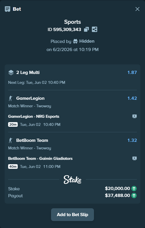 Bet slip: GamerLegion - NRG Esports, $20,020.00 stake at 1.42 odds, placed by Hidden