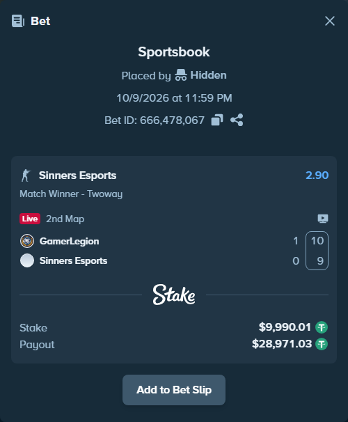 Bet slip: GamerLegion - Sinners Esports, $10,000.00 stake at 2.90 odds, placed by Hidden