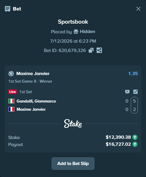 Bet slip: Gandolfi, Giammarco - Maxime Janvier, $12,402.77 stake at 1.35 odds, placed by Hidden