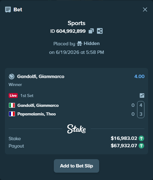Bet slip: Gandolfi, Giammarco - Papamalamis, Theo, $17,000.00 stake at 4.00 odds, placed by Hidden