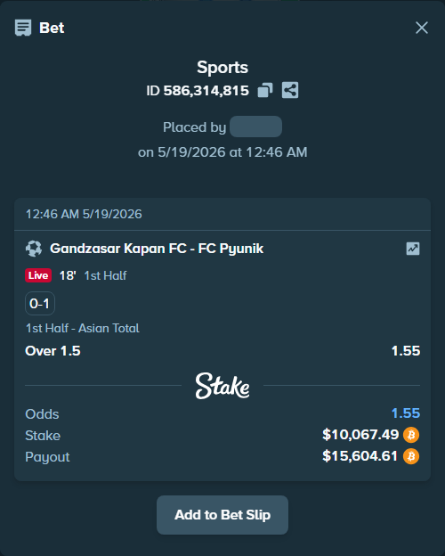 Bet slip: Gandzasar Kapan FC - FC Pyunik Yerevan, $8,471.71 stake at 1.55 odds, placed by ninafreak