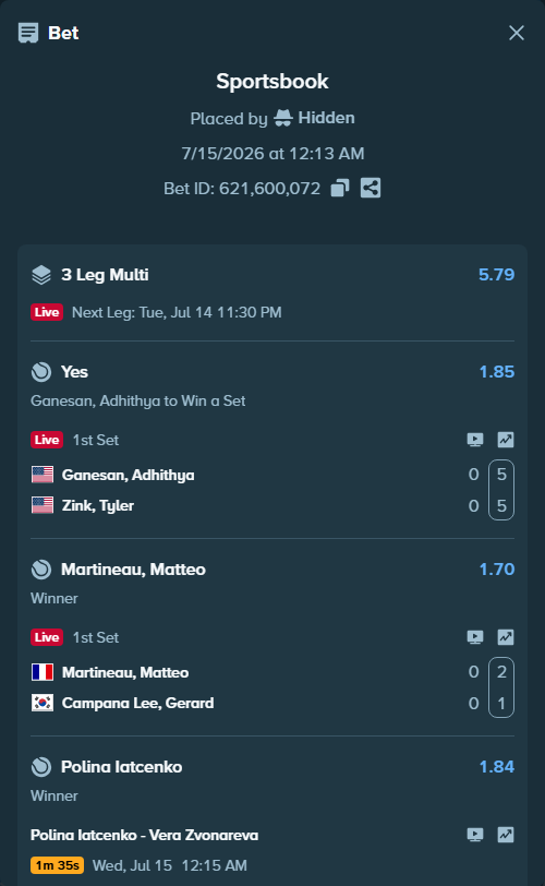 Bet slip: Ganesan, Adhithya - Zink, Tyler, $12,462.00 stake at 1.85 odds, placed by Hidden