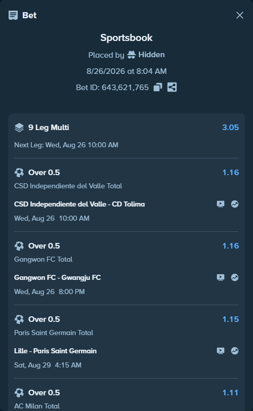 Bet slip: Gangwon FC - Gwangju FC, $10,016.95 stake at 1.16 odds, placed by Hidden