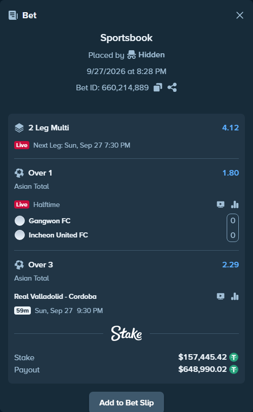 Bet slip: Gangwon FC - Incheon United FC, $157,445.42 stake at 1.80 odds, placed by Hidden